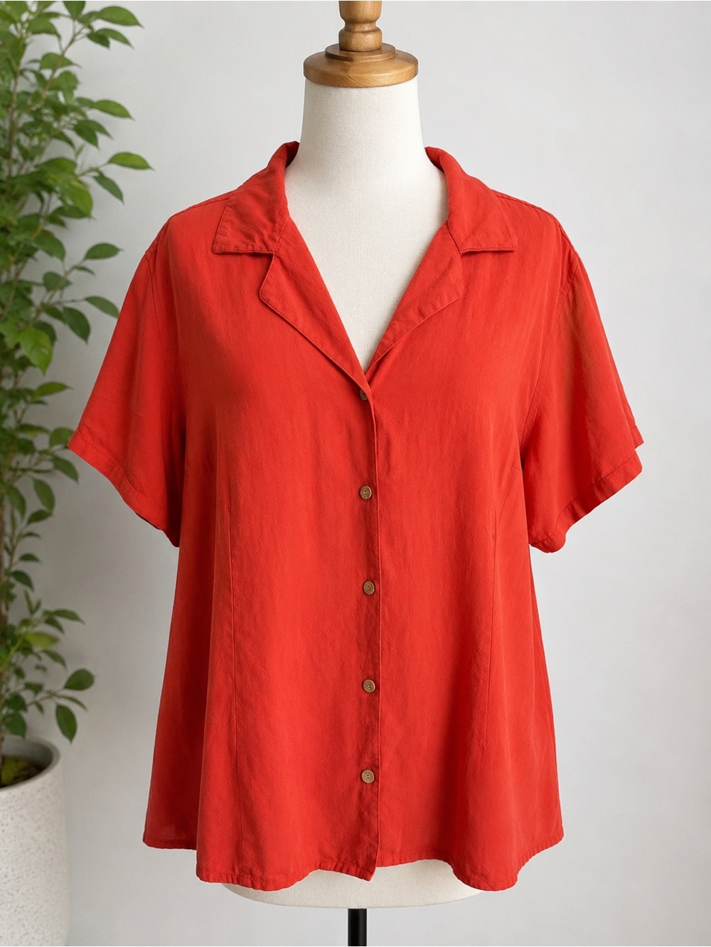 Valerie Stevens Casual 3X 100% Silk Blouse Coral Red Button Front Short Sleeve